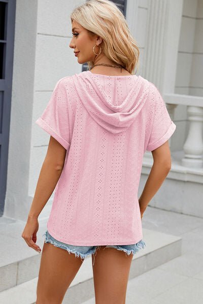 Eyelet Drawstring Hooded Short Sleeve Blouse - Loulou Boutique