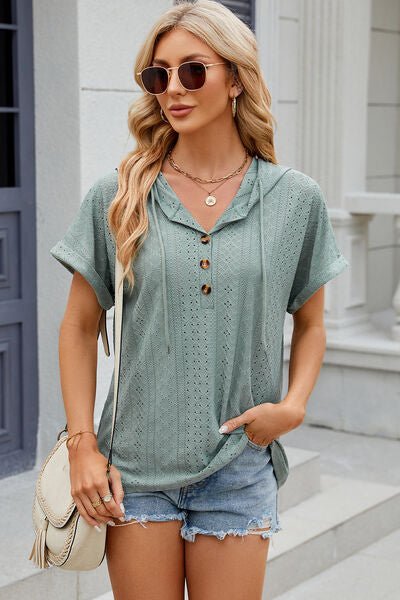 Eyelet Drawstring Hooded Short Sleeve Blouse - Loulou Boutique