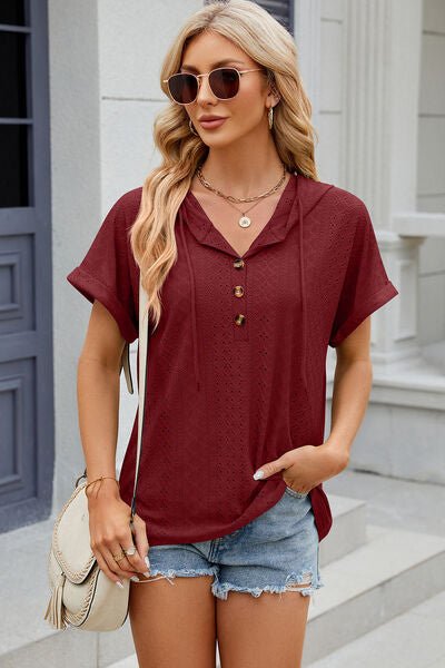 Eyelet Drawstring Hooded Short Sleeve Blouse - Loulou Boutique