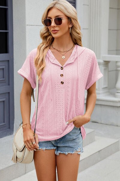 Eyelet Drawstring Hooded Short Sleeve Blouse - Loulou Boutique