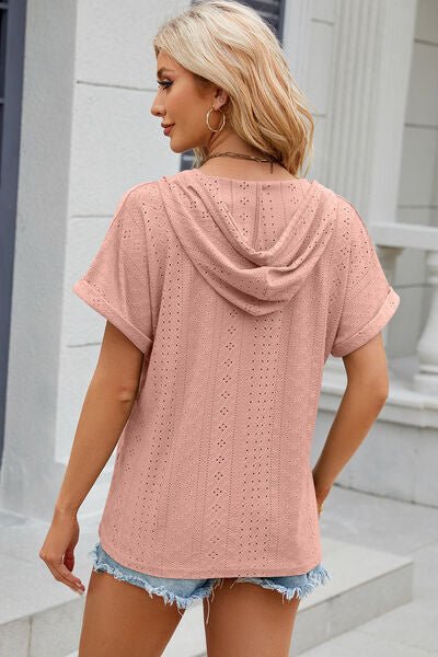 Eyelet Drawstring Hooded Short Sleeve Blouse - Loulou Boutique