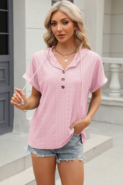 Eyelet Drawstring Hooded Short Sleeve Blouse - Loulou Boutique