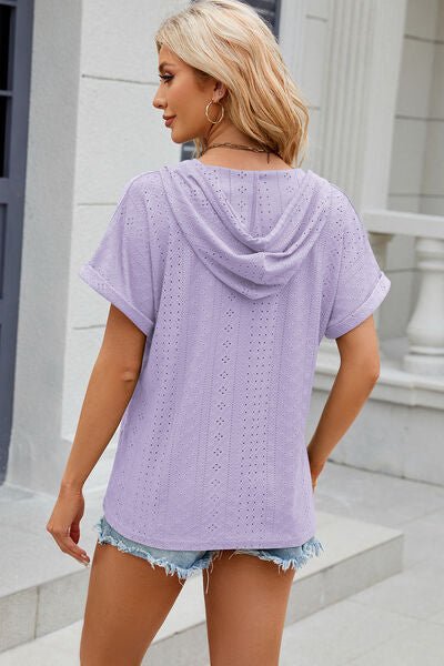 Eyelet Drawstring Hooded Short Sleeve Blouse - Loulou Boutique