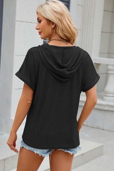 Eyelet Drawstring Hooded Short Sleeve Blouse - Loulou Boutique
