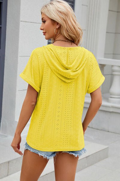 Eyelet Drawstring Hooded Short Sleeve Blouse - Loulou Boutique