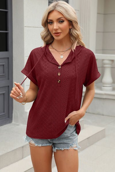 Eyelet Drawstring Hooded Short Sleeve Blouse - Loulou Boutique