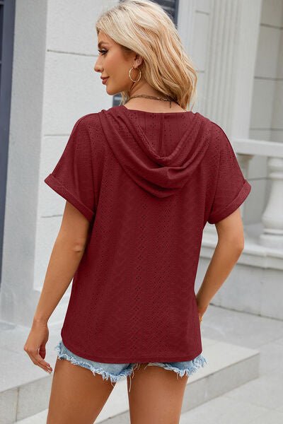 Eyelet Drawstring Hooded Short Sleeve Blouse - Loulou Boutique