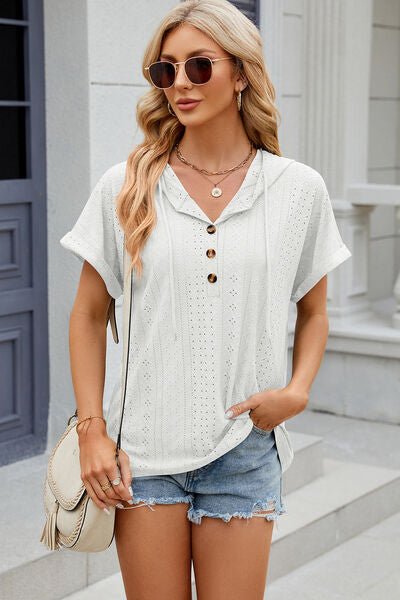 Eyelet Drawstring Hooded Short Sleeve Blouse - Loulou Boutique
