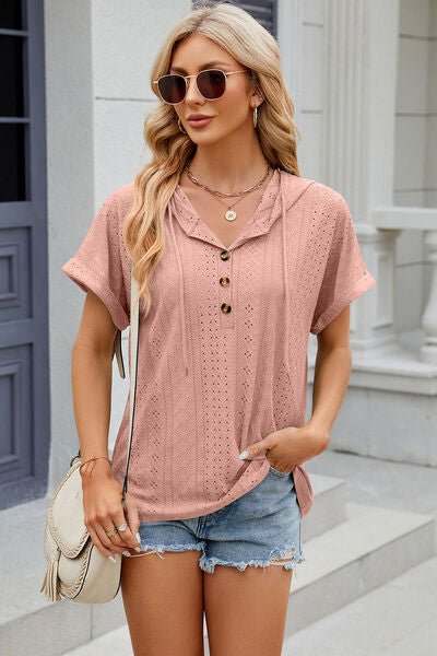 Eyelet Drawstring Hooded Short Sleeve Blouse - Loulou Boutique