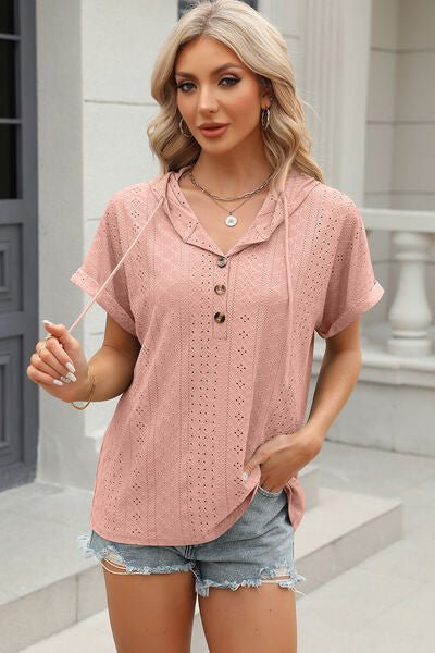 Eyelet Drawstring Hooded Short Sleeve Blouse - Loulou Boutique