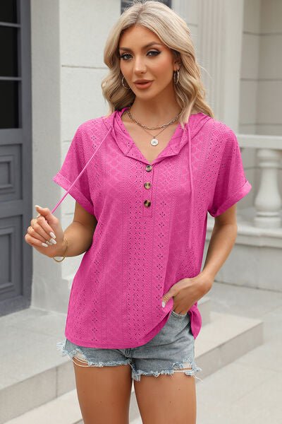 Eyelet Drawstring Hooded Short Sleeve Blouse - Loulou Boutique