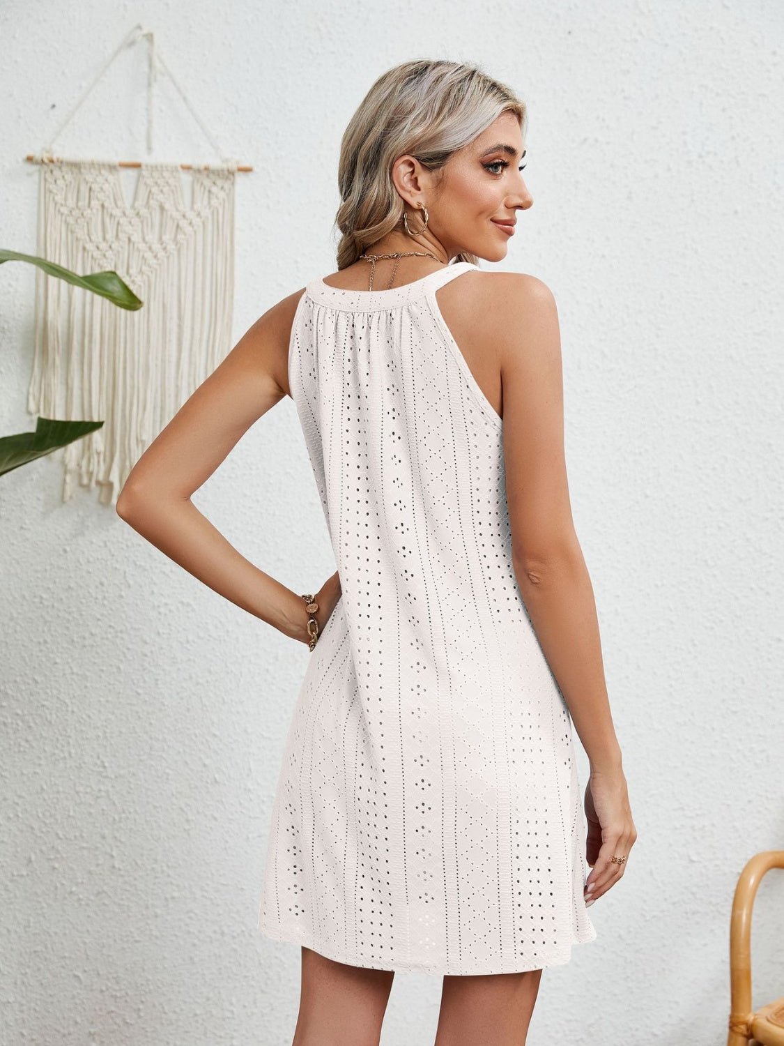 Eyelet Grecian Neck Mini Dress - Loulou Boutique