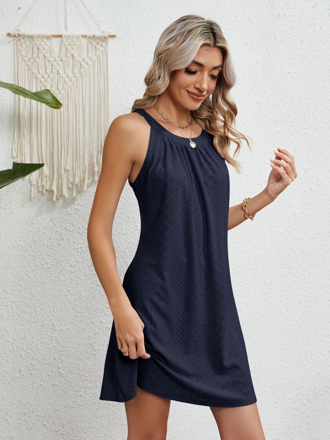 Eyelet Grecian Neck Mini Dress - Loulou Boutique