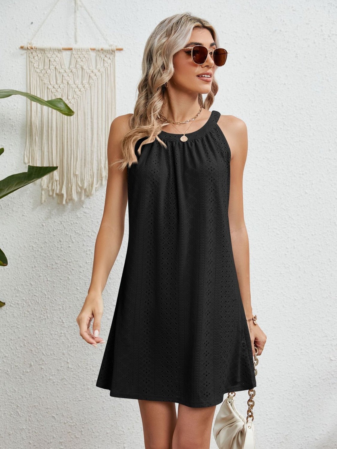 Eyelet Grecian Neck Mini Dress - Loulou Boutique
