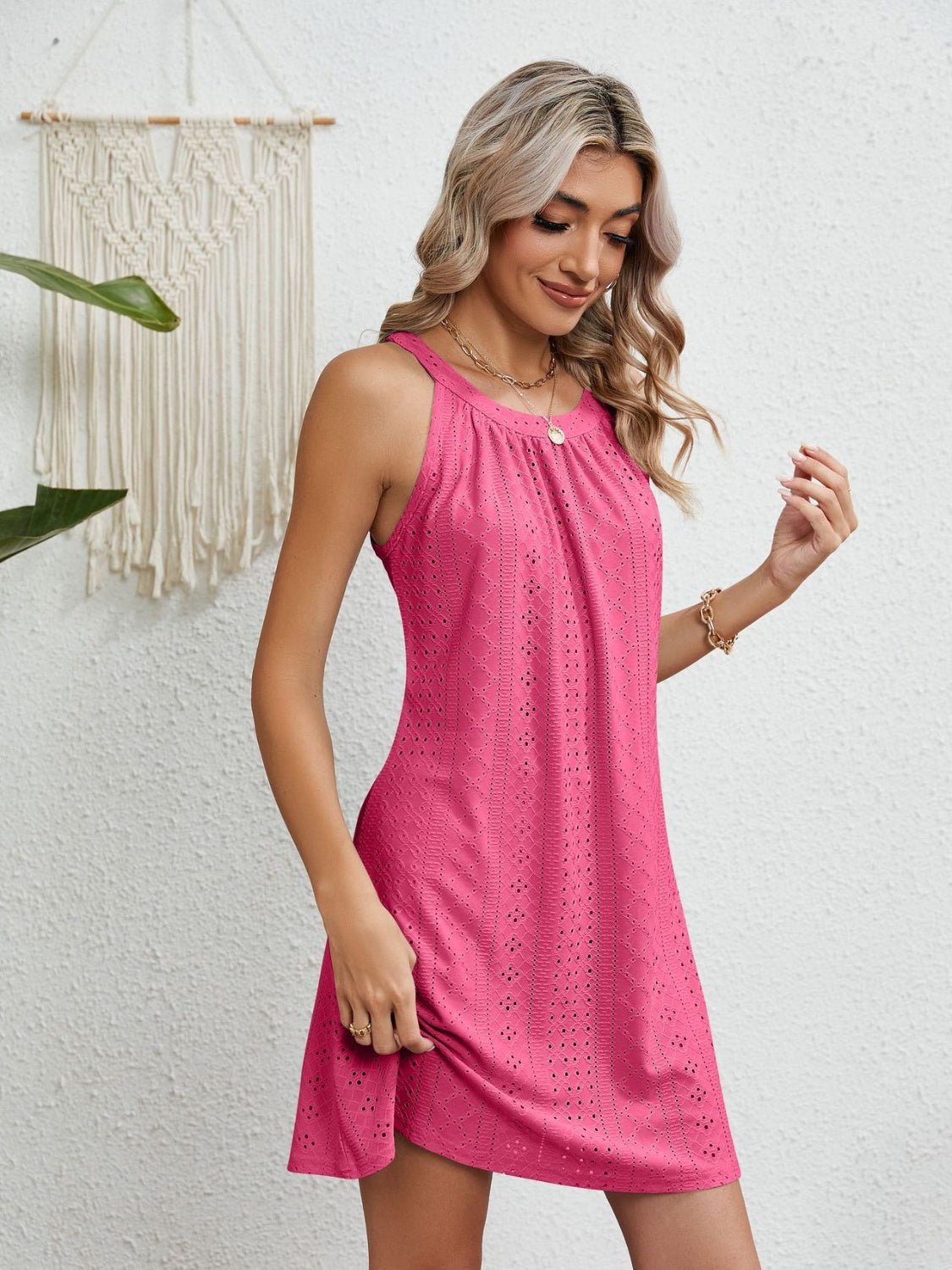 Eyelet Grecian Neck Mini Dress - Loulou Boutique