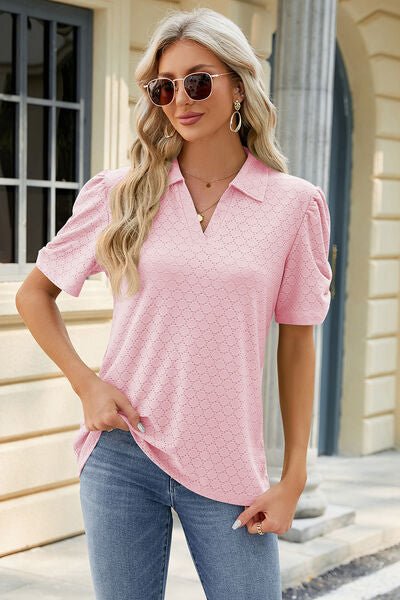 Eyelet Johnny Collar Puff Sleeve Blouse - Loulou Boutique