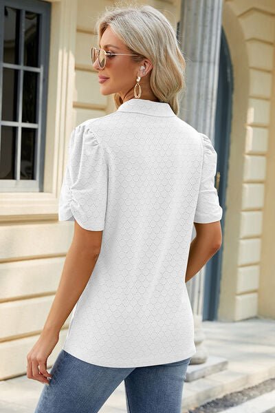 Eyelet Johnny Collar Puff Sleeve Blouse - Loulou Boutique
