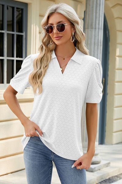 Eyelet Johnny Collar Puff Sleeve Blouse - Loulou Boutique