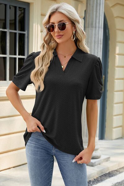 Eyelet Johnny Collar Puff Sleeve Blouse - Loulou Boutique