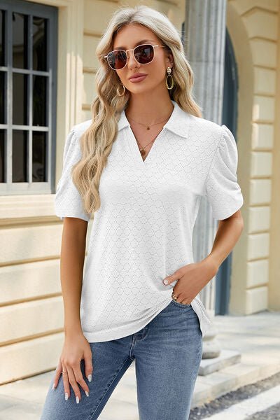 Eyelet Johnny Collar Puff Sleeve Blouse - Loulou Boutique