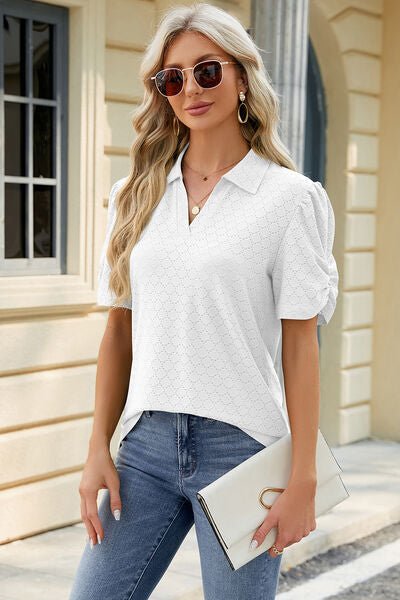 Eyelet Johnny Collar Puff Sleeve Blouse - Loulou Boutique