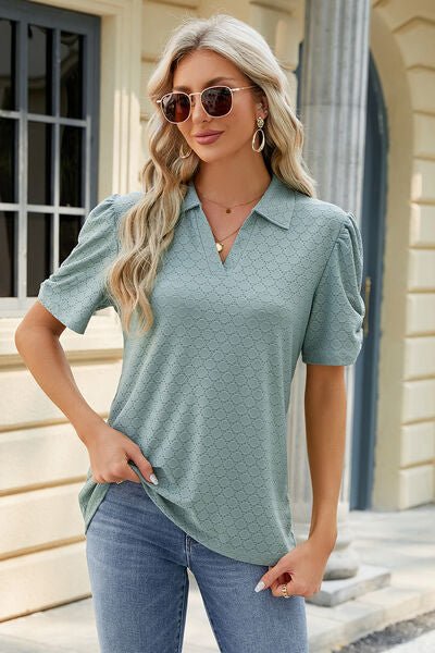 Eyelet Johnny Collar Puff Sleeve Blouse - Loulou Boutique