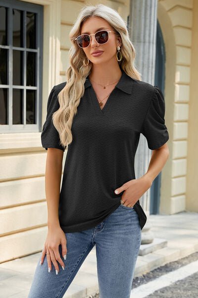 Eyelet Johnny Collar Puff Sleeve Blouse - Loulou Boutique