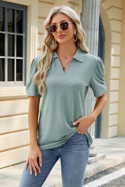 Eyelet Johnny Collar Puff Sleeve Blouse - Loulou Boutique