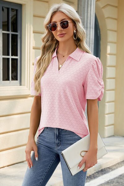 Eyelet Johnny Collar Puff Sleeve Blouse - Loulou Boutique