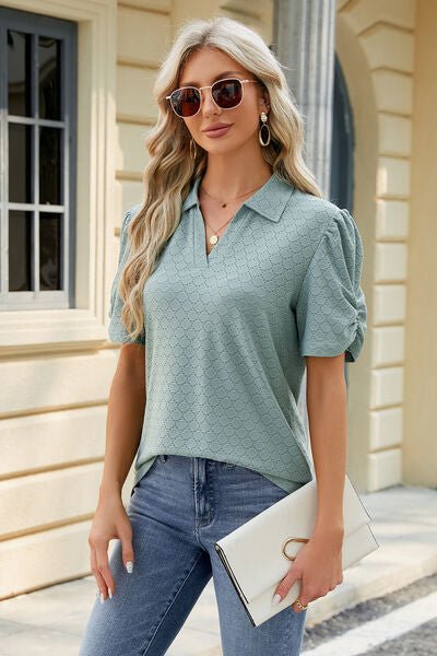 Eyelet Johnny Collar Puff Sleeve Blouse - Loulou Boutique