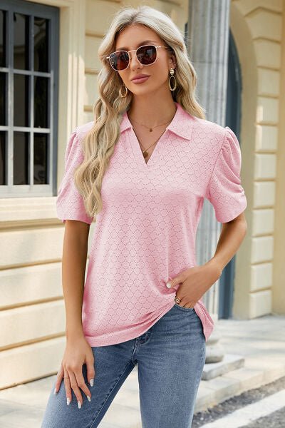 Eyelet Johnny Collar Puff Sleeve Blouse - Loulou Boutique
