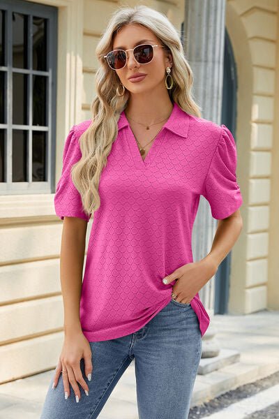 Eyelet Johnny Collar Puff Sleeve Blouse - Loulou Boutique