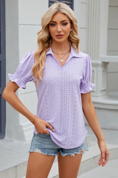Eyelet Johnny Collar Short Sleeve Blouse - Loulou Boutique