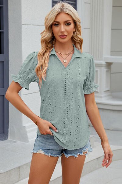 Eyelet Johnny Collar Short Sleeve Blouse - Loulou Boutique