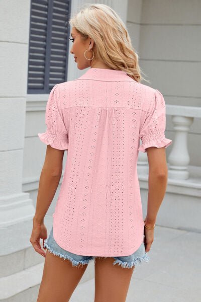Eyelet Johnny Collar Short Sleeve Blouse - Loulou Boutique