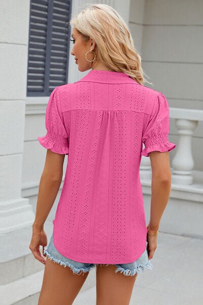 Eyelet Johnny Collar Short Sleeve Blouse - Loulou Boutique