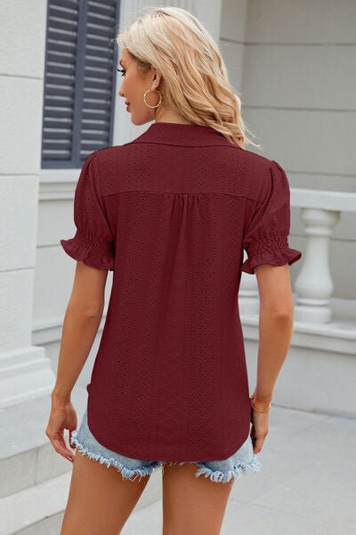 Eyelet Johnny Collar Short Sleeve Blouse - Loulou Boutique
