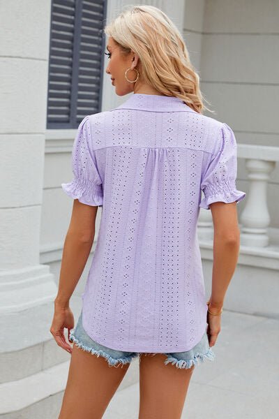 Eyelet Johnny Collar Short Sleeve Blouse - Loulou Boutique