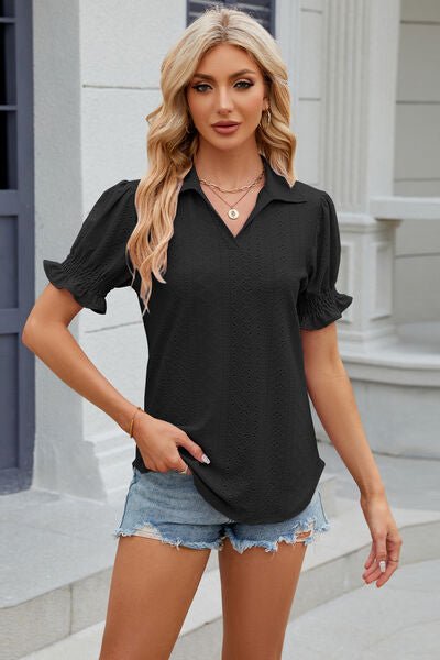 Eyelet Johnny Collar Short Sleeve Blouse - Loulou Boutique