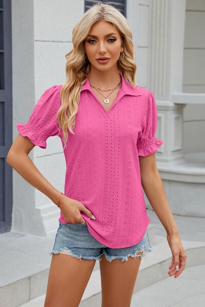 Eyelet Johnny Collar Short Sleeve Blouse - Loulou Boutique