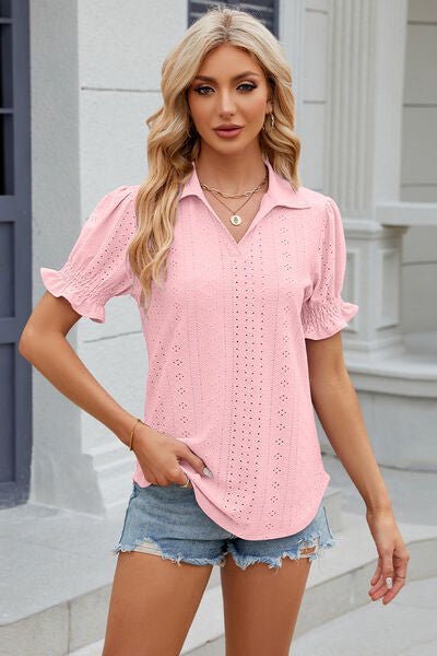 Eyelet Johnny Collar Short Sleeve Blouse - Loulou Boutique