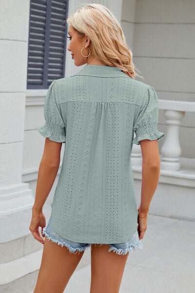 Eyelet Johnny Collar Short Sleeve Blouse - Loulou Boutique