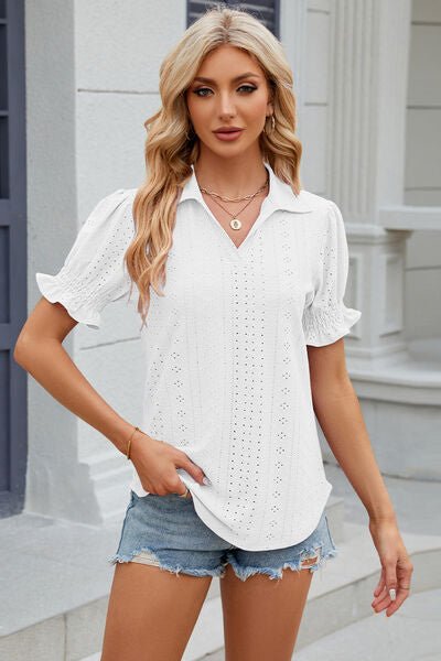 Eyelet Johnny Collar Short Sleeve Blouse - Loulou Boutique