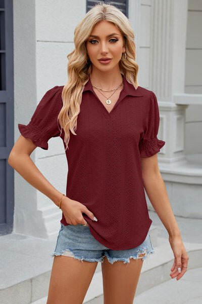 Eyelet Johnny Collar Short Sleeve Blouse - Loulou Boutique