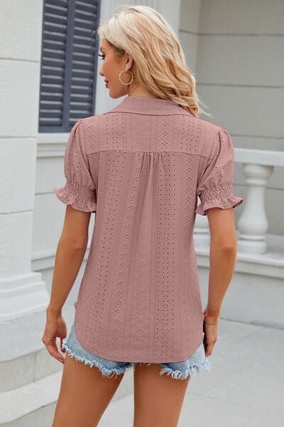 Eyelet Johnny Collar Short Sleeve Blouse - Loulou Boutique