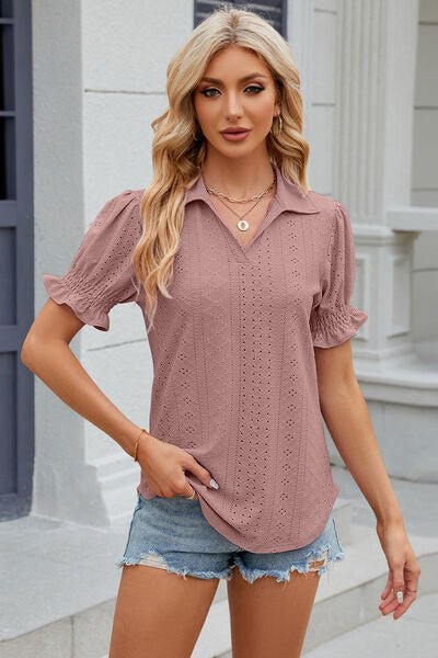 Eyelet Johnny Collar Short Sleeve Blouse - Loulou Boutique