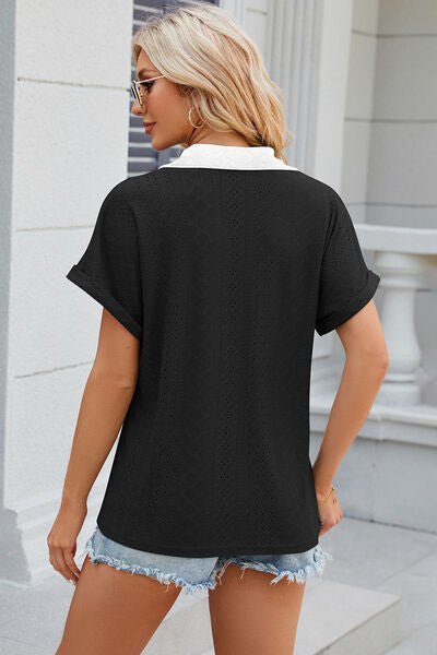 Eyelet Johnny Collar Short Sleeve T-Shirt - Loulou Boutique