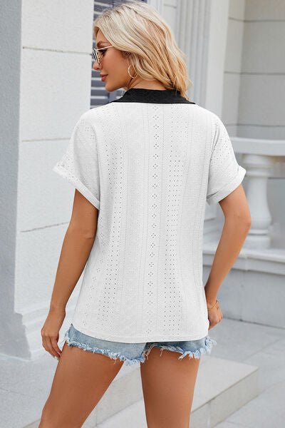 Eyelet Johnny Collar Short Sleeve T-Shirt - Loulou Boutique