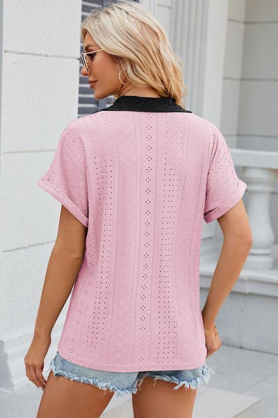 Eyelet Johnny Collar Short Sleeve T-Shirt - Loulou Boutique