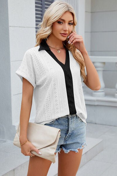 Eyelet Johnny Collar Short Sleeve T-Shirt - Loulou Boutique